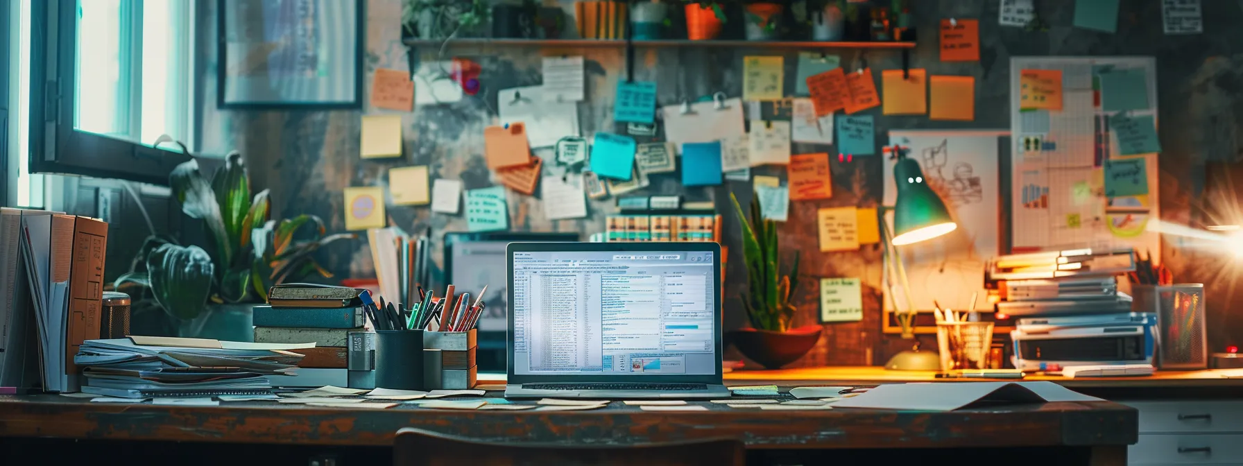 a cluttered modern office workspace features an open laptop displaying fragmented email threads and missing data entries on the screen, emphasizing the chaos and disruption caused by syncing issues in managing prospect information during a marketing campaign.