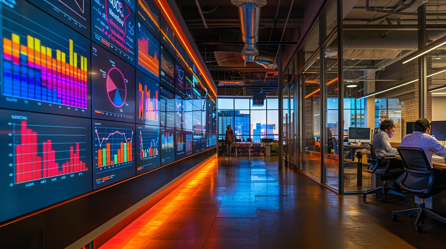 a dynamic office workspace featuring a large screen displaying vibrant data analytics and keyword graphs, with a focused professional engaged in strategising digital marketing tactics for an innovative saas company.