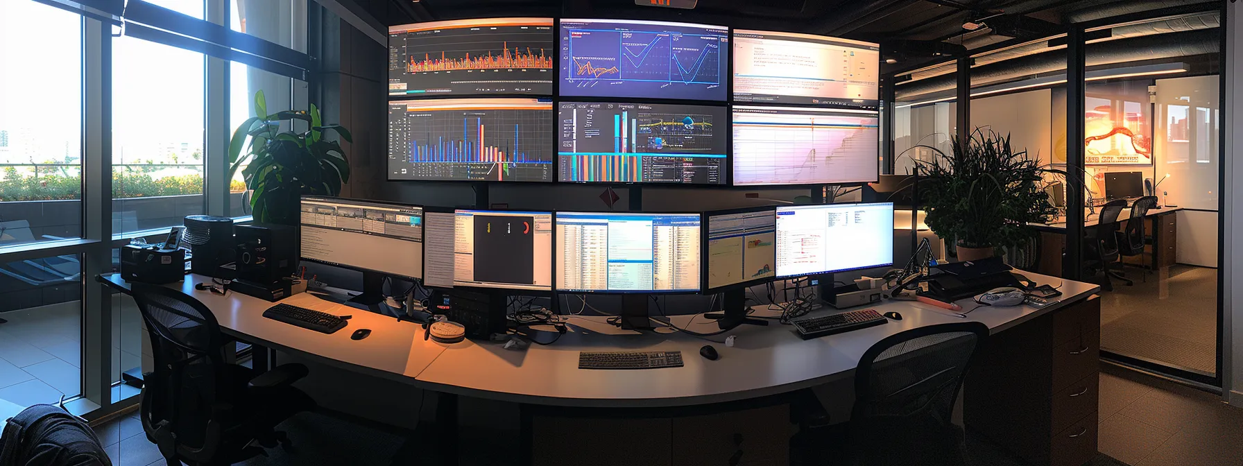 a high-tech workspace features a sleek digital dashboard displaying complex api data flows and error metrics, illuminated by the cool glow of multiple screens.