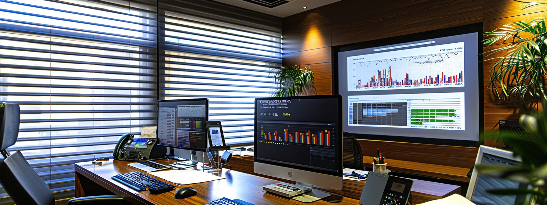 a modern office workspace features a sleek monitor displaying colorful graphs and stats on email effectiveness, surrounded by a well-organized desk and a strategic a/b testing board, illuminated by soft, focused ambient lighting.