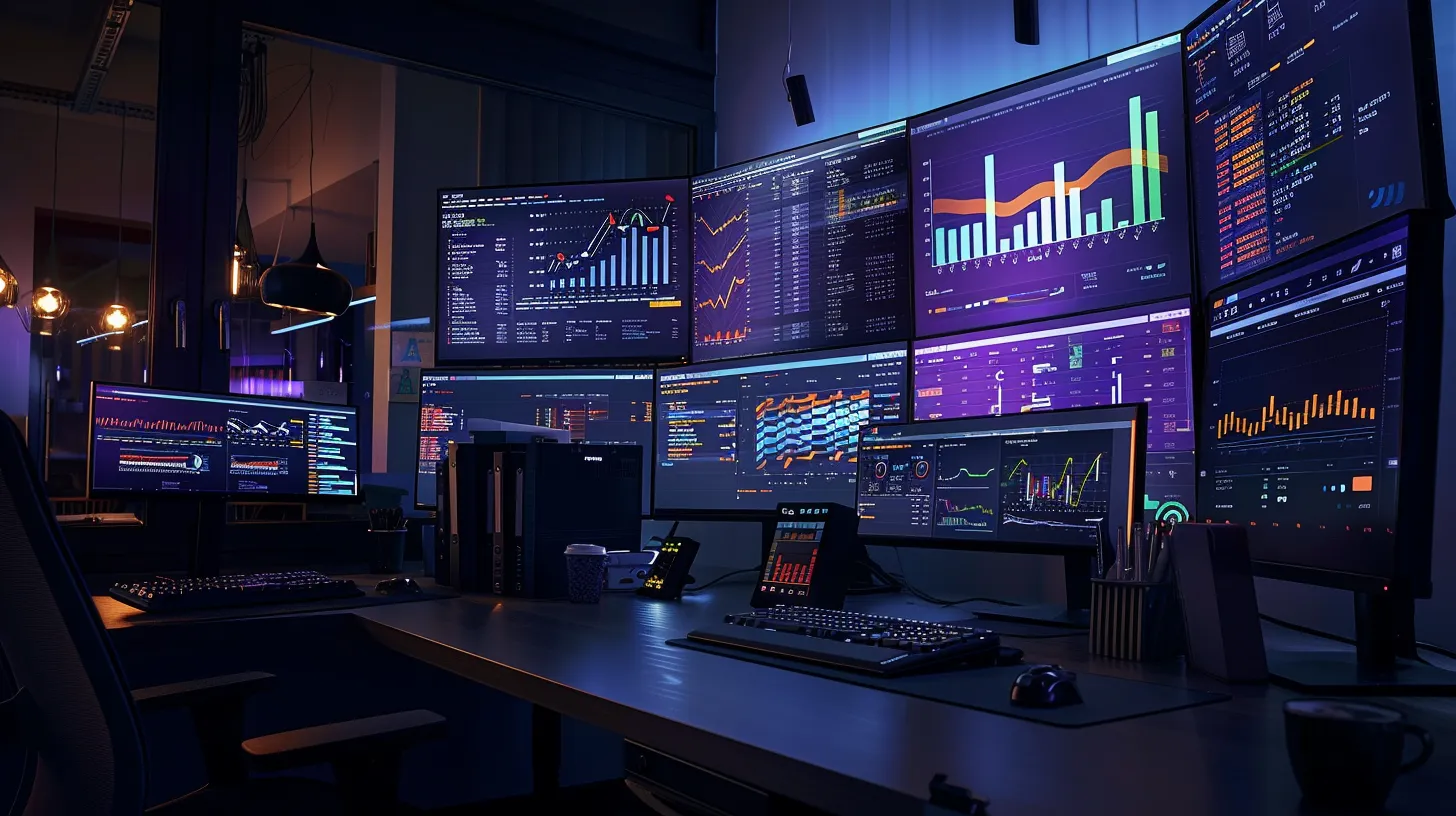 a modern office workspace features multiple computer screens displaying vibrant graphs and analytics dashboards, showcasing a dynamic presentation of various seo keyword analysis tools, with a sleek, professional aesthetic.