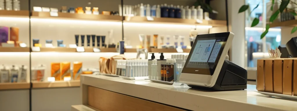 a modern retail environment features a sleek pos system on a minimalist counter, showcasing a vibrant user interface with graphs and product catalogs, surrounded by organized inventory shelves and a subtle ambiance highlighting customer engagement.