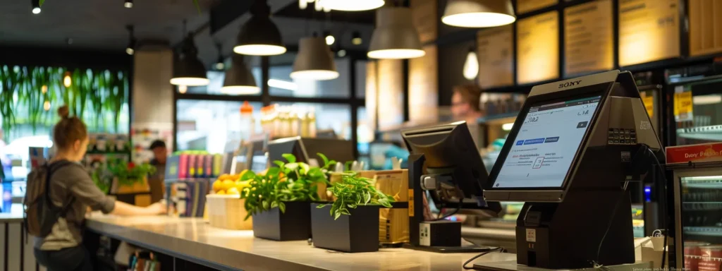 a sleek, modern retail environment showcases an advanced pos system on a stylish checkout counter, illuminated by bright, focused overhead lighting, highlighting the interactive touchscreen and digital payment interface as a cashier assists a customer, embodying efficiency and enhanced service.