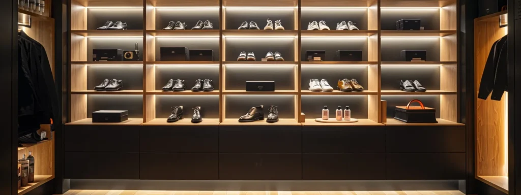 a sleek, modern shoe care station features polished black leather footwear prominently displayed alongside an assortment of high-quality cleaning and conditioning products, illuminated by focused ambient lighting to highlight their elegance and craftsmanship.