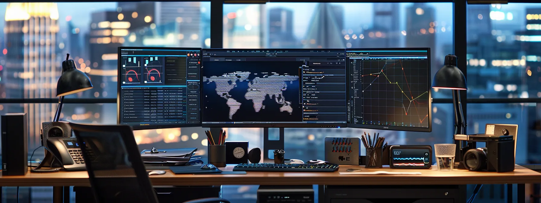 a sleek office workspace featuring a modern desktop setup with multiple email accounts displayed on a high-resolution monitor, showcasing seamless integration of outreach tools and analytics dashboards in an organized, tech-savvy environment.