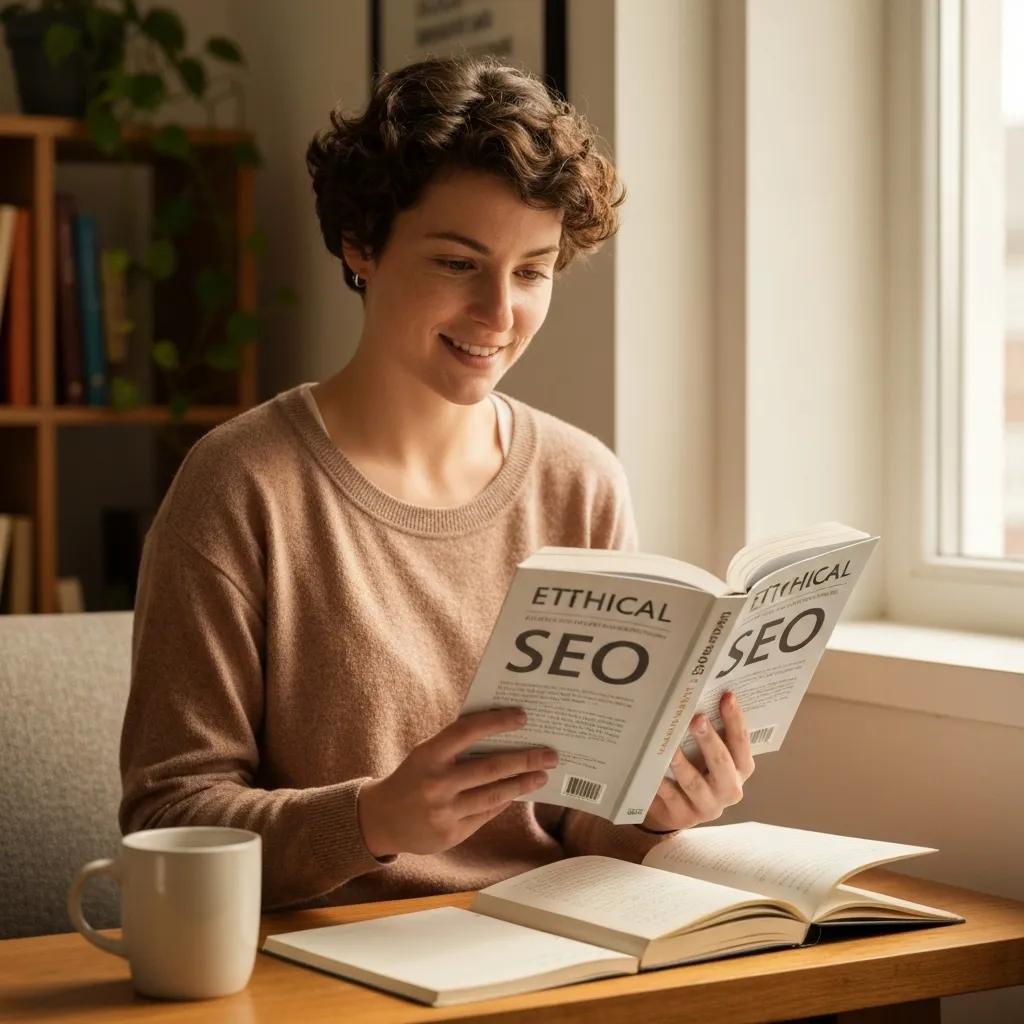 Person reading about ethical SEO practices in a cozy setting, highlighting the importance of integrity in digital marketing