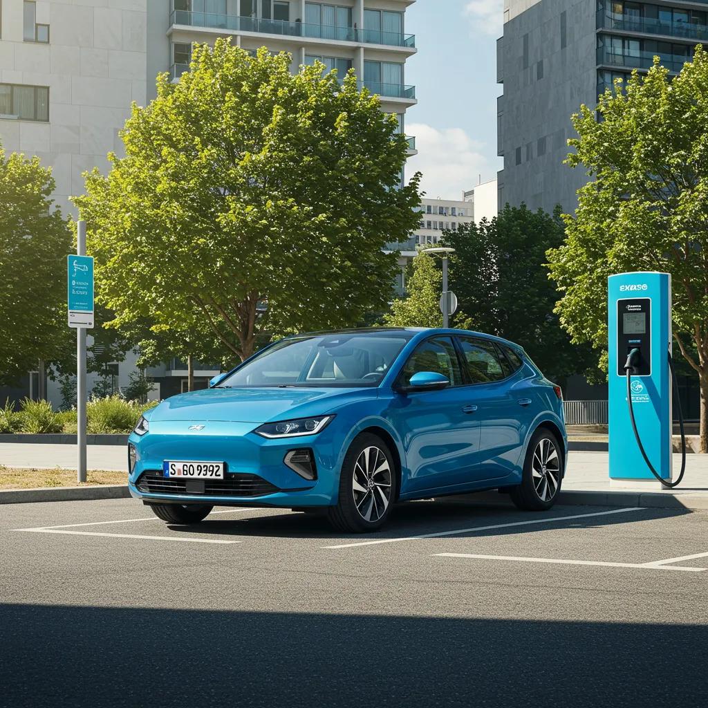 Modern electric car parked at a charging station in an urban environment, symbolizing the future of eco-friendly transportation