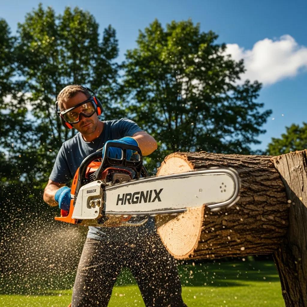 16-inch chainsaw cutting through a log in a backyard, highlighting its power and versatility for homeowners