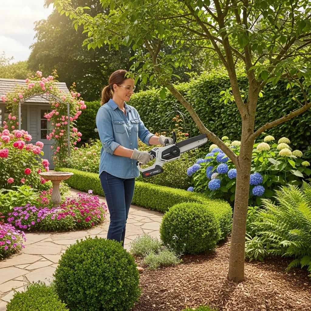 Homeowner using a battery-powered 16-inch chainsaw in a garden, highlighting ease of use and enjoyment in yard work