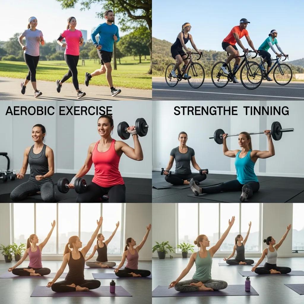 Individuals participating in different types of exercise, including running, strength training, and yoga, promoting mental well-being